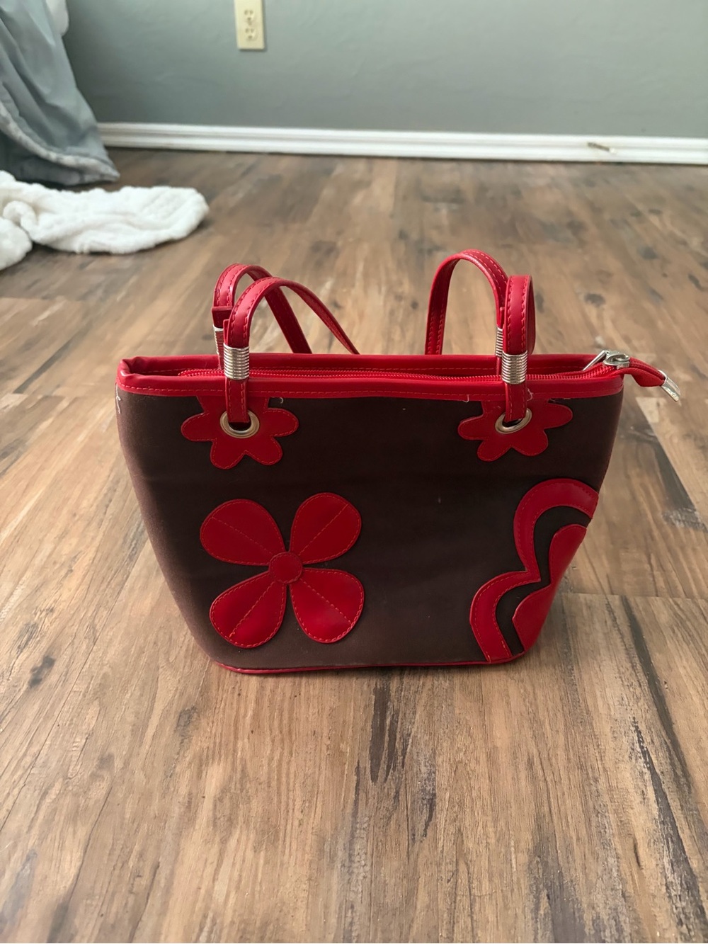 Lamarque Brown Tote with Red Floral Appliqué
